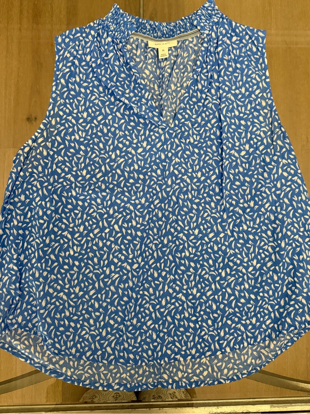 On 34th Blue and White Printed Sleeveless Ruffle Neck Top